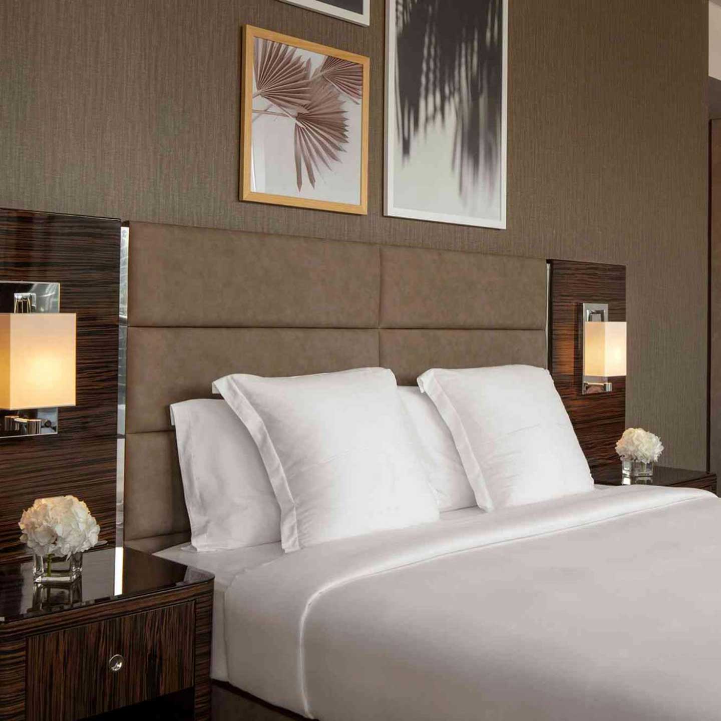 Bed in the Hyde Dubai VIP King with Balcony and view of the Burj Khalifa