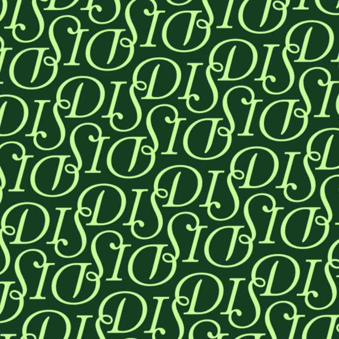 Green image with "DIS" logo repeating in curly font