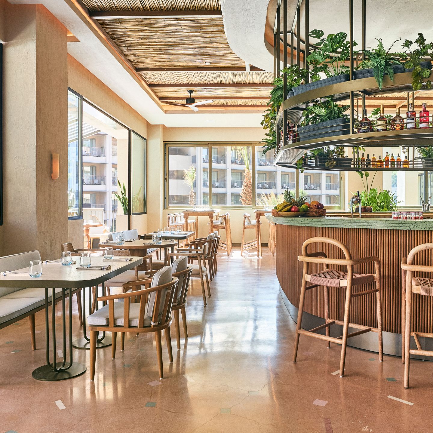 Light dining room with light wooden features, tables, chairs, a bar, and green plants throughout