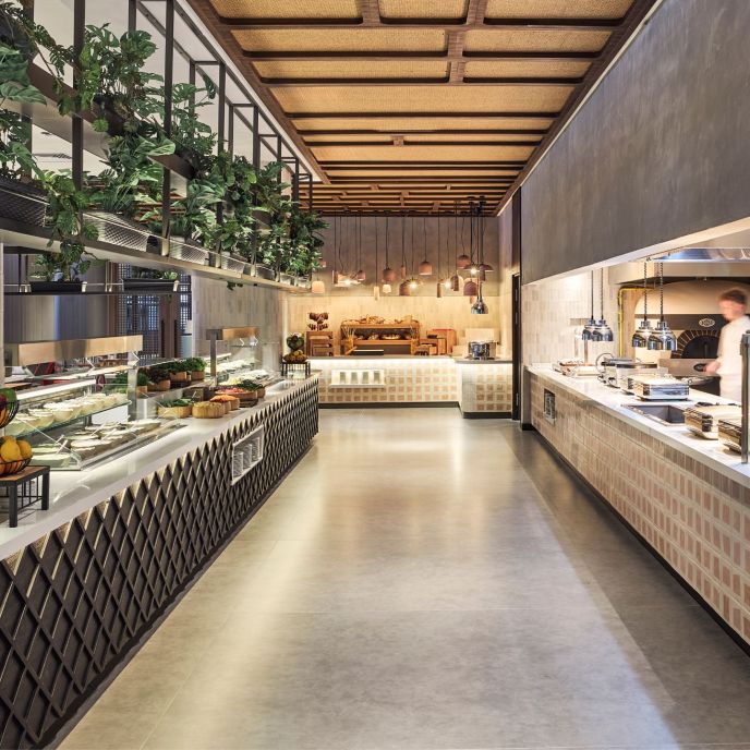 Grey dining cafeteria with buffets on each side