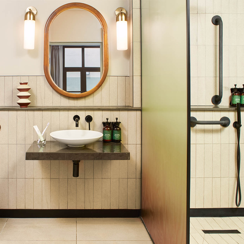 A lowered sink, with a mirror and 2 lights on each side, and a wheelchair accessible walk-in shower with handles.